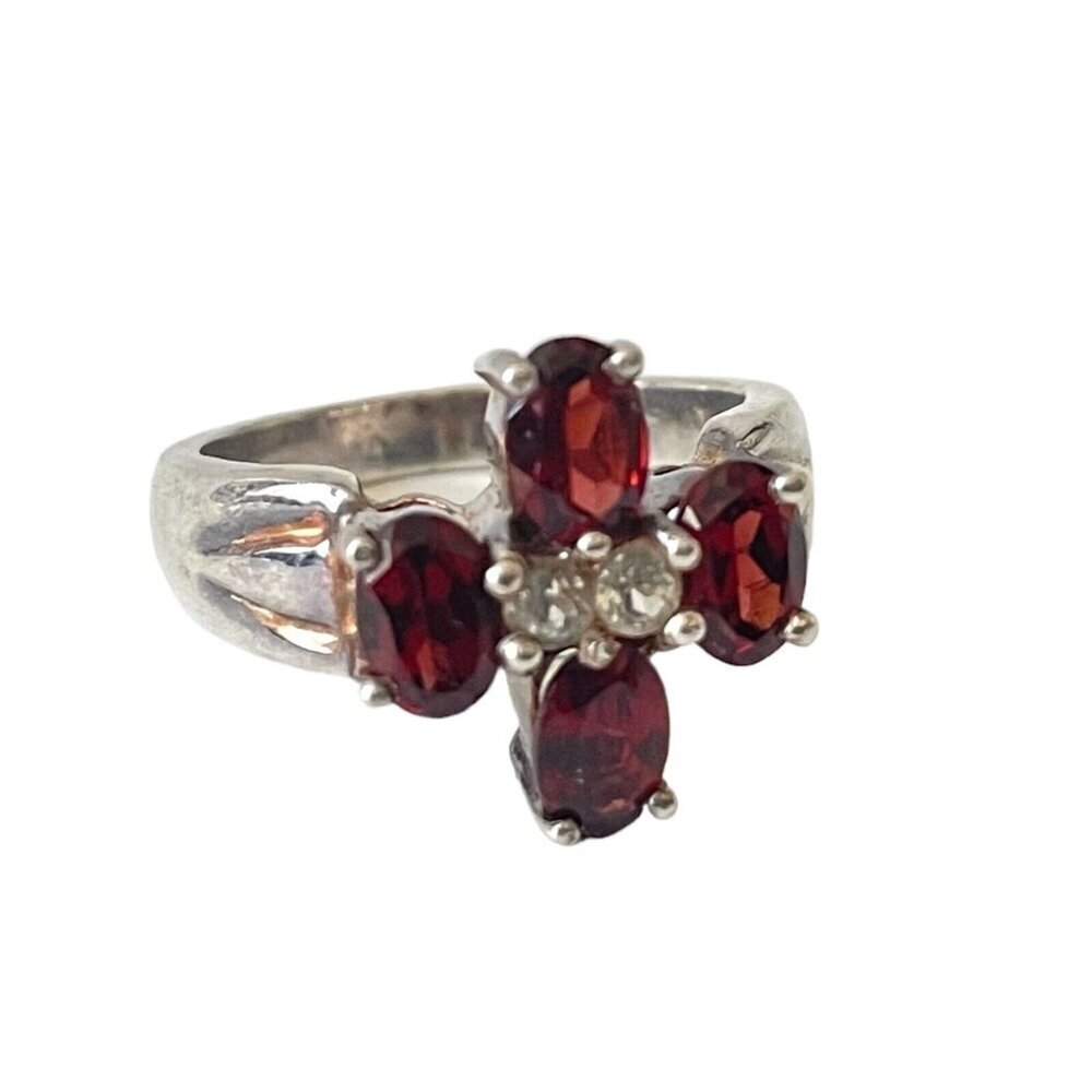 Marked QJ Garnet Cluster Ring Size 6.5 Sterling Silver Vintage Wedding Anniversa